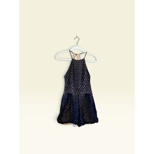 City Triangles Navy Blue Lace Halter Romper Open Back Nude Lined